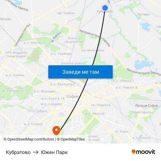 Кубратово to Южен Парк map