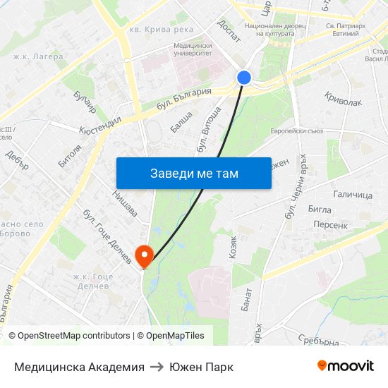 Медицинска Академия to Южен Парк map