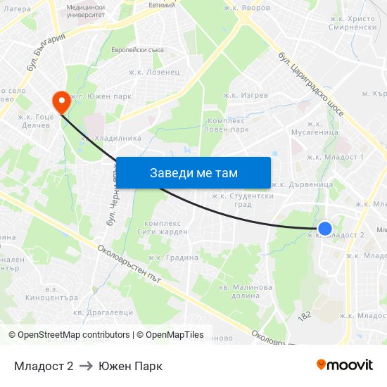 Младост 2 to Южен Парк map