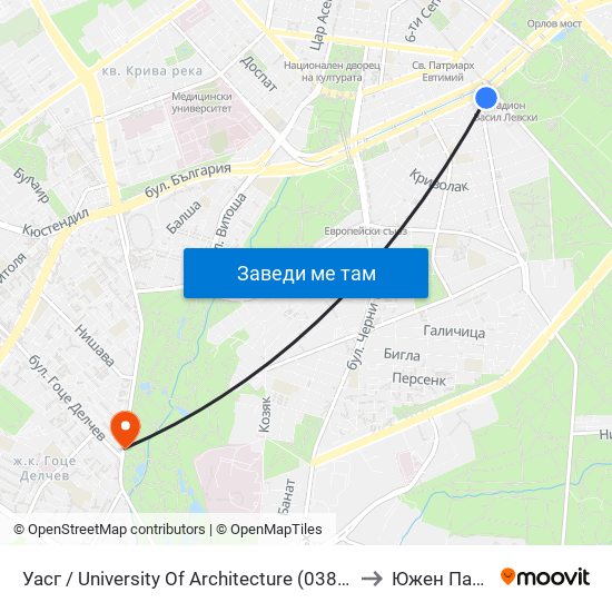 Уасг / University Of Architecture (0387) to Южен Парк map