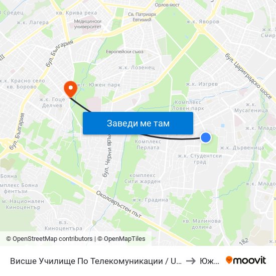 Висше Училище По Телекомуникации / University Of Telecommunications And Post (1396) to Южен Парк map