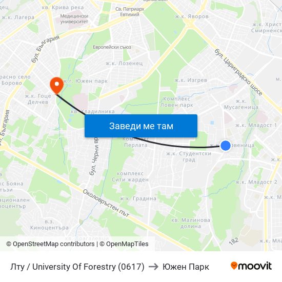 Лту / University Of Forestry (0617) to Южен Парк map