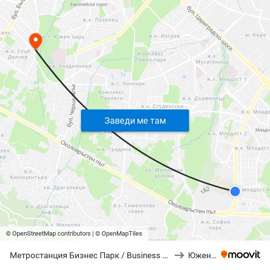Метростанция Бизнес Парк / Business Park Metro Station (2490) to Южен Парк map