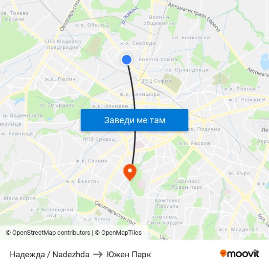 Надежда / Nadezhda to Южен Парк map
