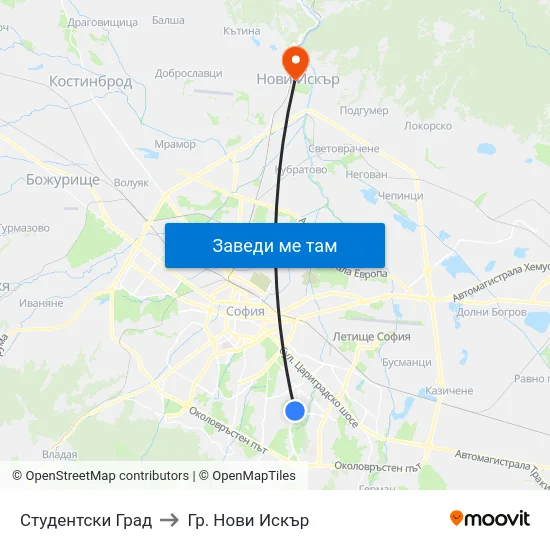 Студентски Град to Гр. Нови Искър map