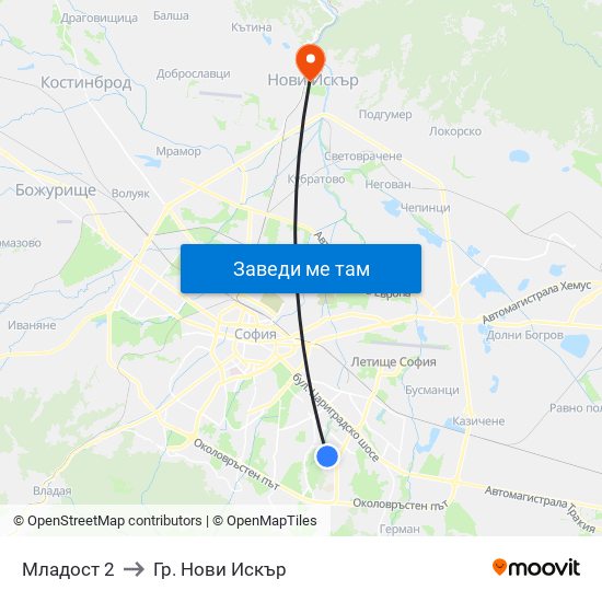 Младост 2 to Гр. Нови Искър map