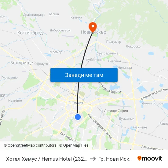 Ⓜ️ Хотел Хемус / Hemus Hotel (2329) to Гр. Нови Искър map