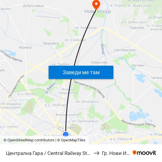 Централна Гара / Central Railway Station (1327) to Гр. Нови Искър map