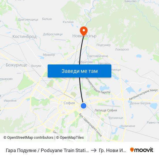 Гара Подуяне / Poduyane Train Station (0466) to Гр. Нови Искър map