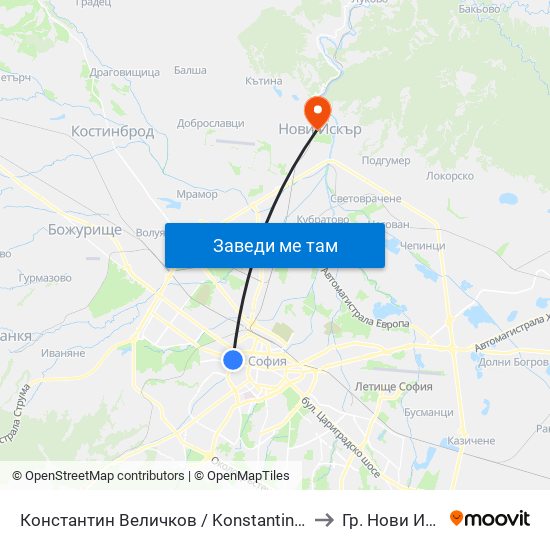 Константин Величков / Konstantin Velichkov to Гр. Нови Искър map