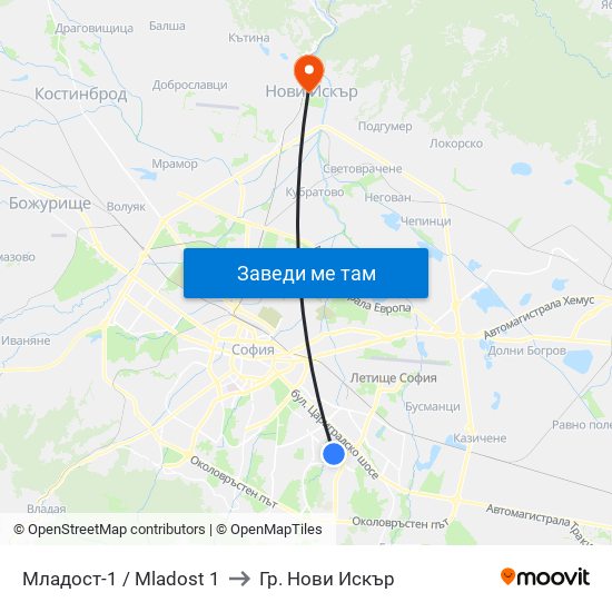 Младост-1 / Mladost 1 to Гр. Нови Искър map