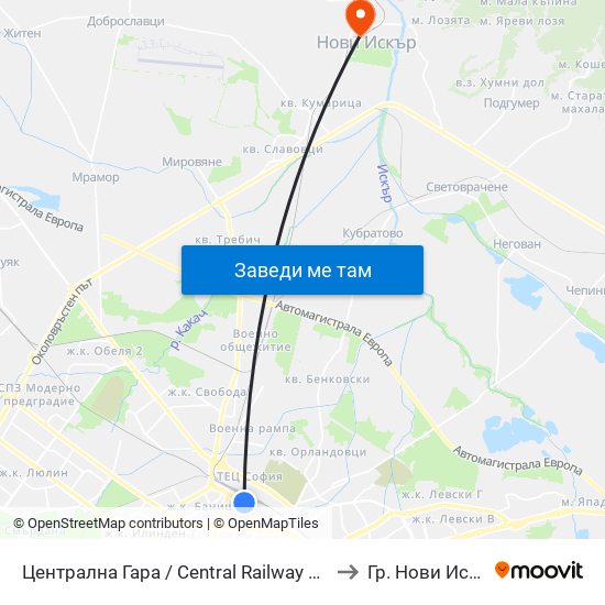 Централна Гара / Central Railway Station to Гр. Нови Искър map