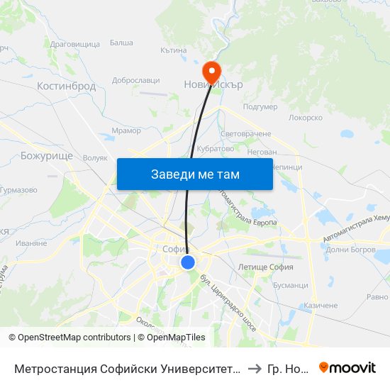 Метростанция Софийски Университет / Sofia University Metro Station (2827) to Гр. Нови Искър map