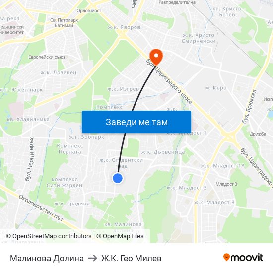 Малинова Долина to Ж.К. Гео Милев map