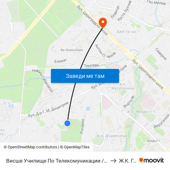 Висше Училище По Телекомуникации / University Of Telecommunications And Post (1396) to Ж.К. Гео Милев map