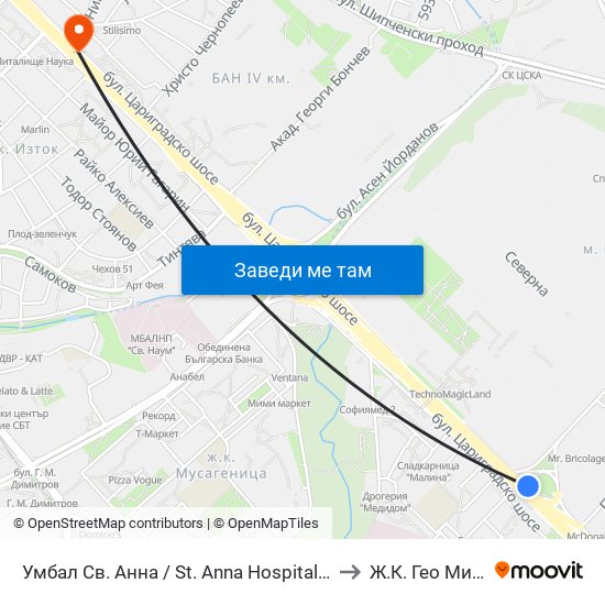 Умбал Св. Анна / St. Anna Hospital (1196) to Ж.К. Гео Милев map
