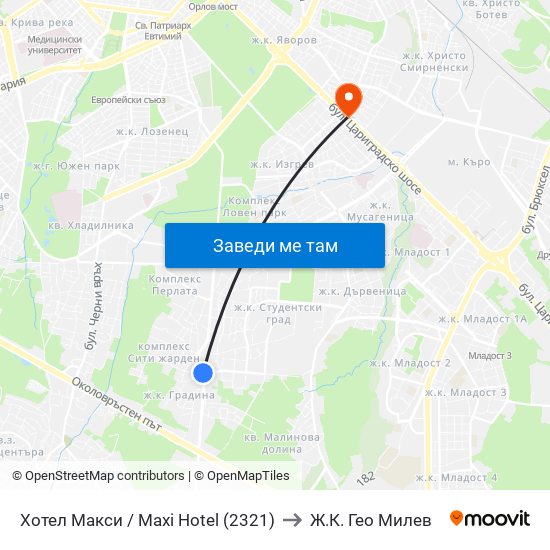 Хотел Макси / Maxi Hotel (2321) to Ж.К. Гео Милев map