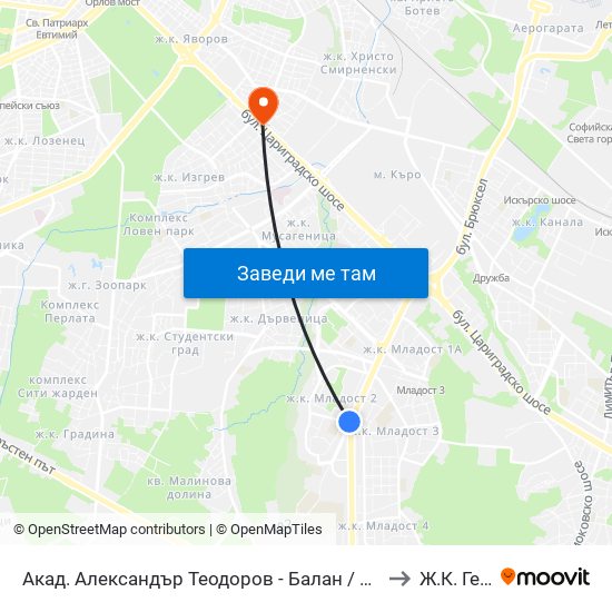 Акад. Александър Теодоров - Балан / Akademik Aleksandar Teodorov - Balan to Ж.К. Гео Милев map