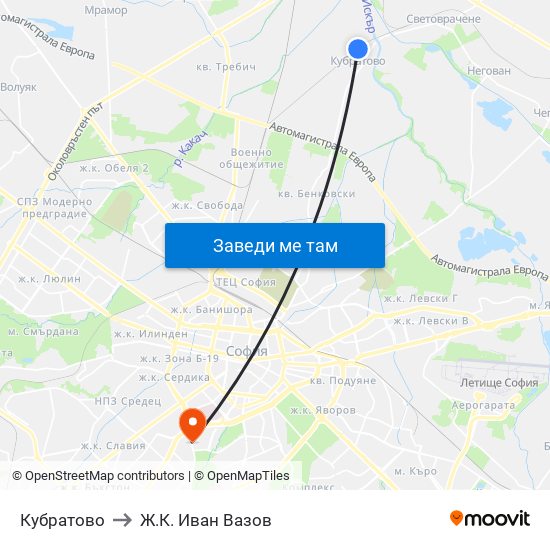 Кубратово to Ж.К. Иван Вазов map