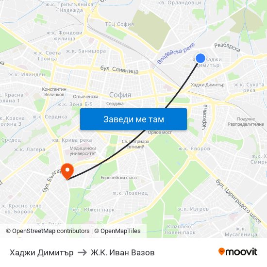 Хаджи Димитър to Ж.К. Иван Вазов map