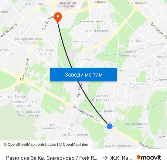 Разклона За Кв. Симеоново / Fork Road To Simeonovo Qr. (1458) to Ж.К. Иван Вазов map