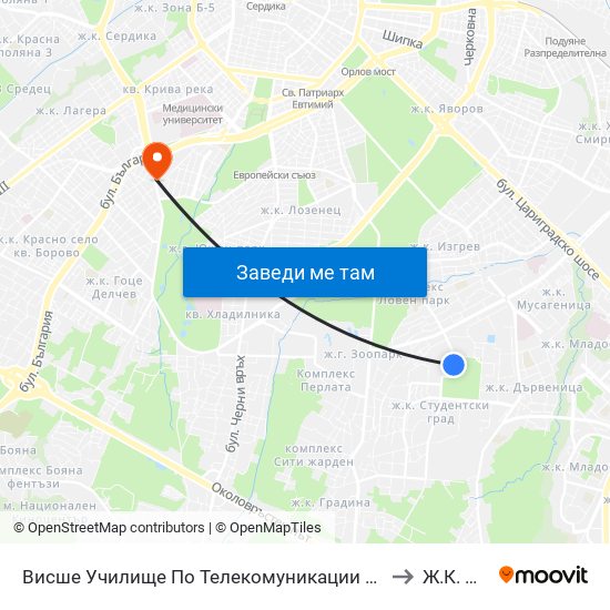 Висше Училище По Телекомуникации / University Of Telecommunications And Post (1396) to Ж.К. Иван Вазов map