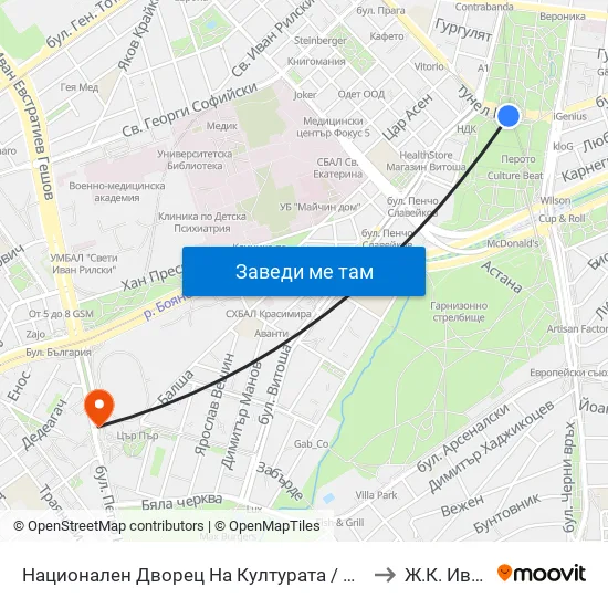Ⓜ️ Национален Дворец На Културата / National Palace Of Culture (1139) to Ж.К. Иван Вазов map