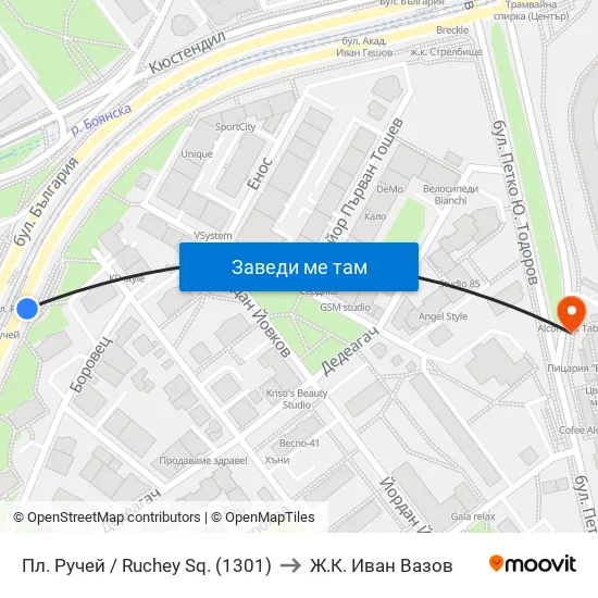 Пл. Ручей / Ruchey Sq. (1301) to Ж.К. Иван Вазов map