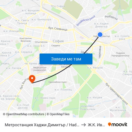 Метростанция Хаджи Димитър / Hadzhi Dimitar Metro Station (0303) to Ж.К. Иван Вазов map
