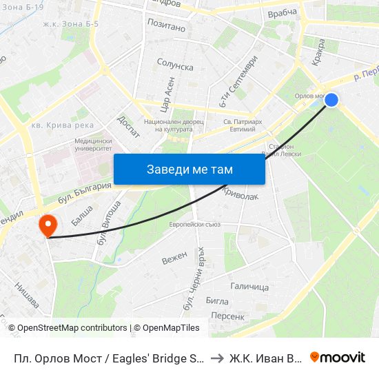 Пл. Орлов Мост / Eagles' Bridge Sq. (1287) to Ж.К. Иван Вазов map
