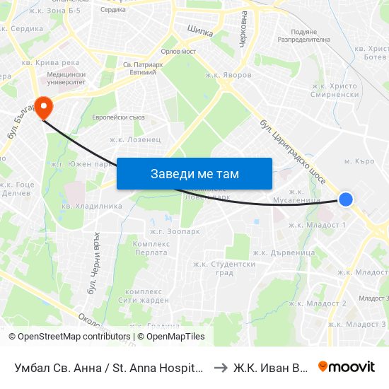 Умбал Св. Анна / St. Anna Hospital (1196) to Ж.К. Иван Вазов map