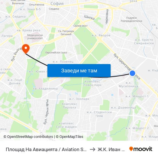 Площад На Авиацията / Aviation Square (1257) to Ж.К. Иван Вазов map