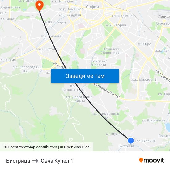 Бистрица to Овча Купел 1 map