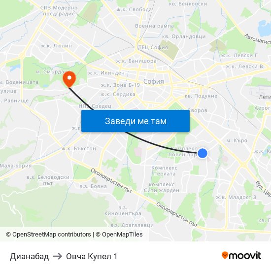 Дианабад to Овча Купел 1 map