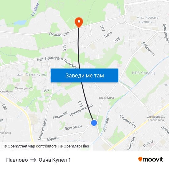 Павлово to Овча Купел 1 map