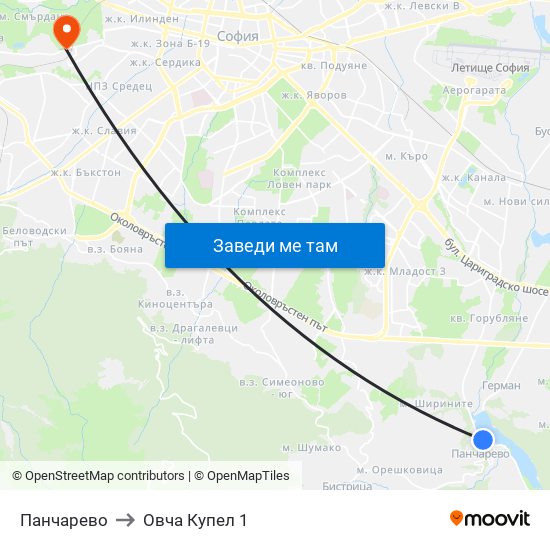 Панчарево to Овча Купел 1 map