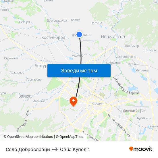 Село Доброславци to Овча Купел 1 map