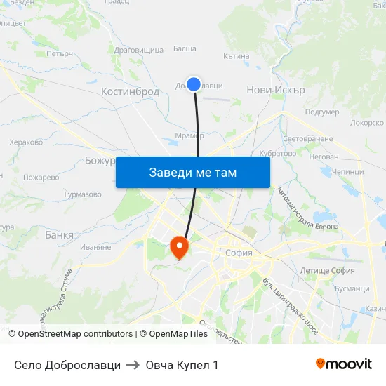 Село Доброславци to Овча Купел 1 map