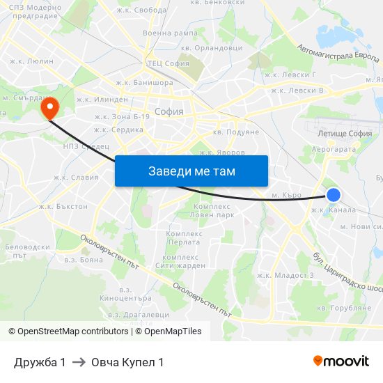 Дружба 1 to Овча Купел 1 map