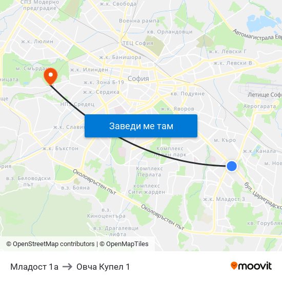 Младост 1а to Овча Купел 1 map