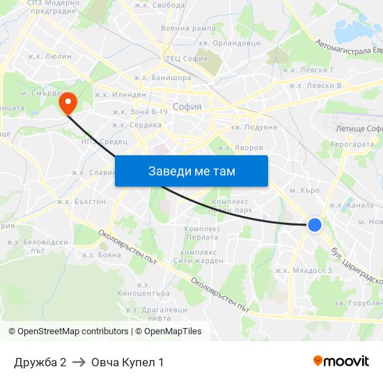 Дружба 2 to Овча Купел 1 map