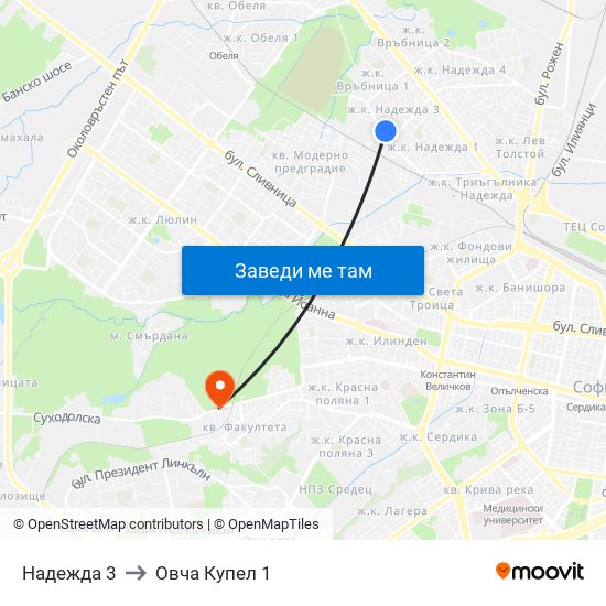 Надежда 3 to Овча Купел 1 map