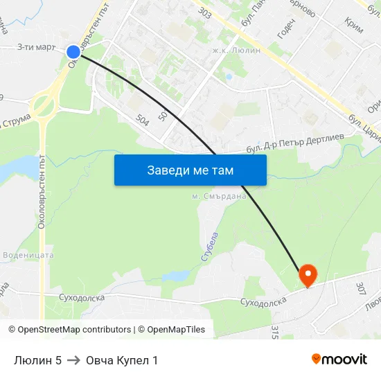 Люлин 5 to Овча Купел 1 map