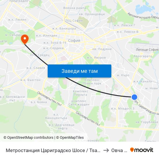 Метростанция Цариградско Шосе / Tsarigradsko Shosse Metro Station (1016) to Овча Купел 1 map