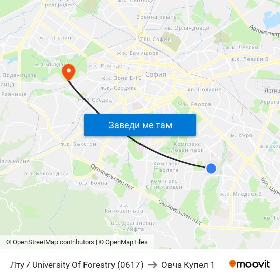 Лту / University Of Forestry (0617) to Овча Купел 1 map