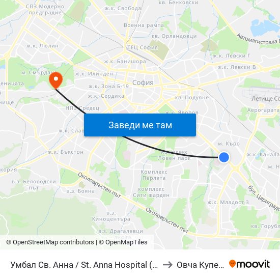 Умбал Св. Анна / St. Anna Hospital (1196) to Овча Купел 1 map
