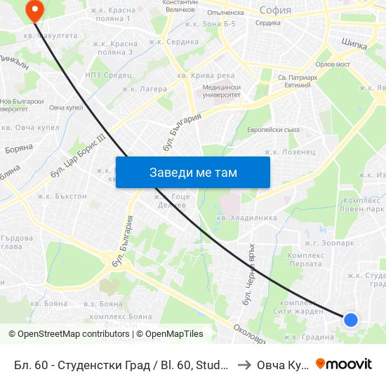 Бл. 60 - Студенстки Град / Bl. 60, Students' Town (2507) to Овча Купел 1 map