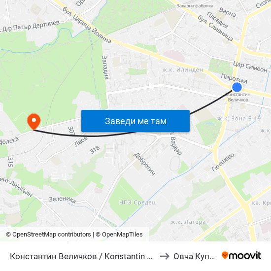 Константин Величков / Konstantin Velichkov to Овча Купел 1 map