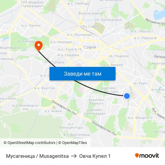 Мусагеница /  Musagenitsa to Овча Купел 1 map