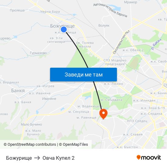 Божурище to Овча Купел 2 map